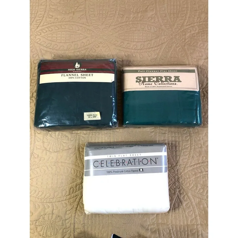 Lot 3 Vtg 80s Cabincore Forest Green 100% Cotton Flannel Twin Bed Sheets USA NOS